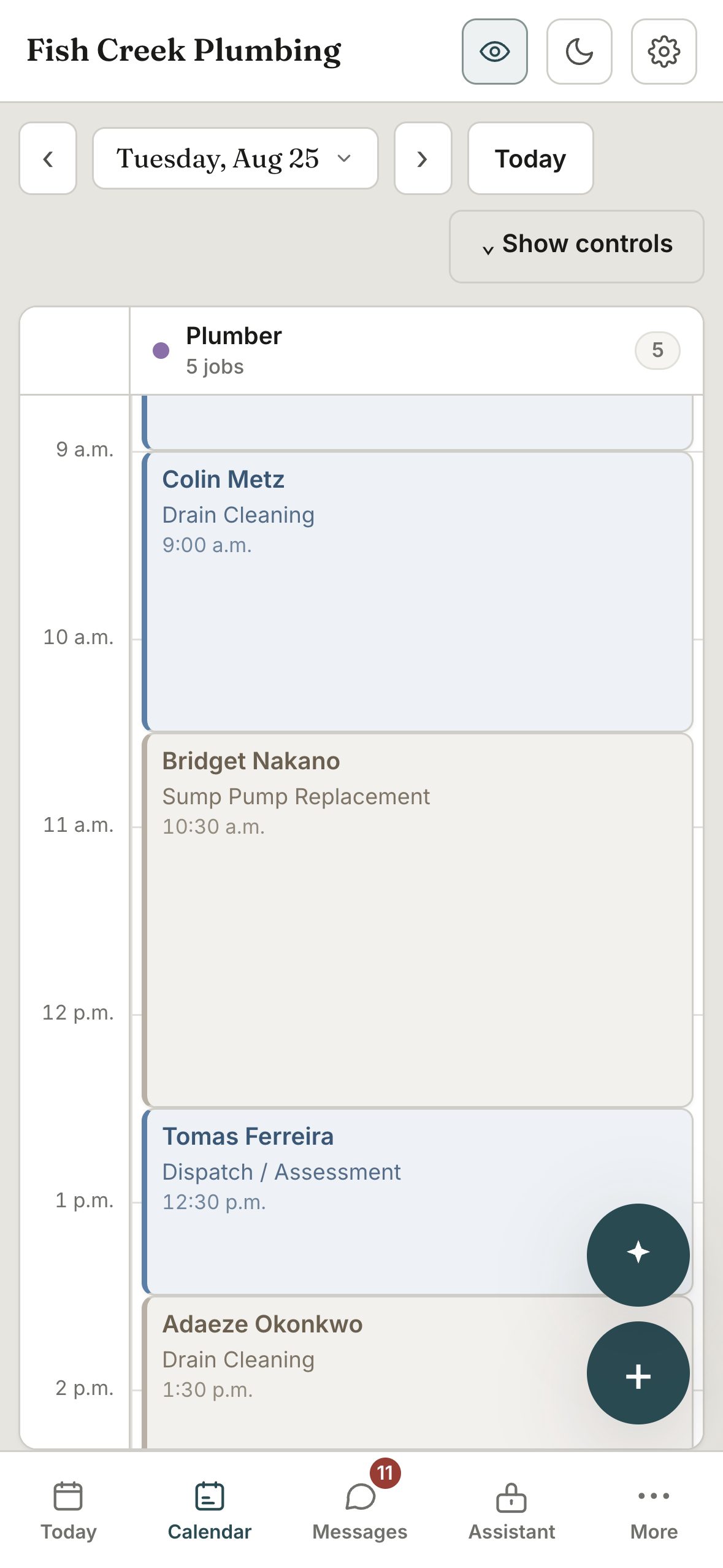 The day, by crew. Drain cleaning, a sump pump, a dispatch assessment, each in its window on the calendar you already run.