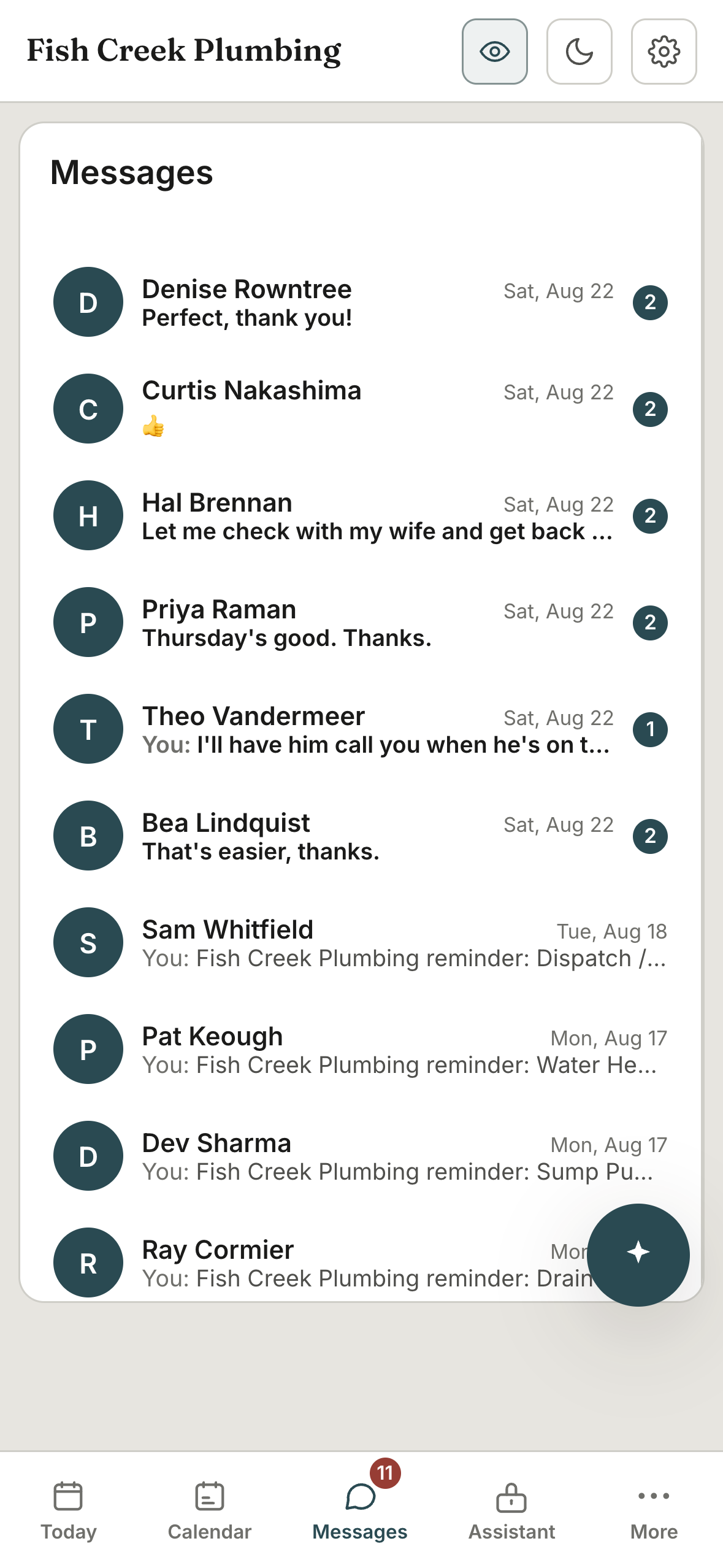 Reminders out, replies in, every customer in one thread the owner can read from the truck.